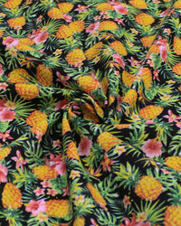 Tecido Tricoline Mista Abacaxi e Flores Amarelo, Rosa, Verde e Preto