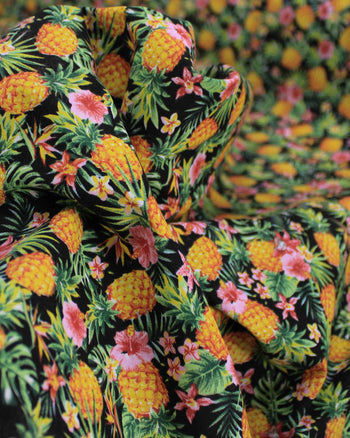 Tecido Tricoline Mista Abacaxi e Flores Amarelo, Rosa, Verde e Preto