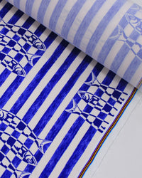 Tecido Viscose Premium Sardines em Listras Azul Bic e Offwhite
