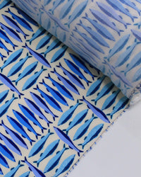Tecido Viscose Premium Sardine em Listras Geométricas Tons de Azul e Offwhite