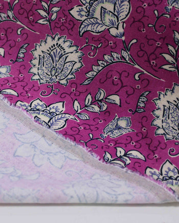 Tecido Linho Misto Rústico Premium Ramos Florais Offwhite e Fúcsia