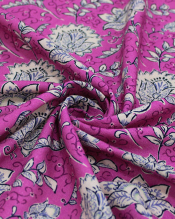 Tecido Linho Misto Rústico Premium Ramos Florais Offwhite e Fúcsia