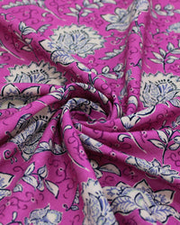 Tecido Linho Misto Rústico Premium Ramos Florais Offwhite e Fúcsia