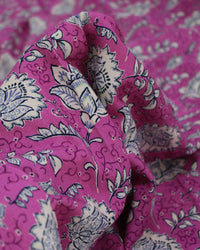 Tecido Linho Misto Rústico Premium Ramos Florais Offwhite e Fúcsia