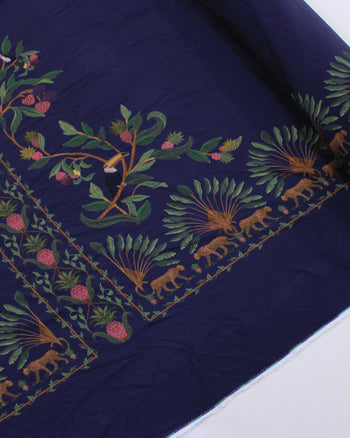 Tecido Viscose Premium Barrado Estampa Lenço Flora e Fauna Colorido e Azul Marinho Noite