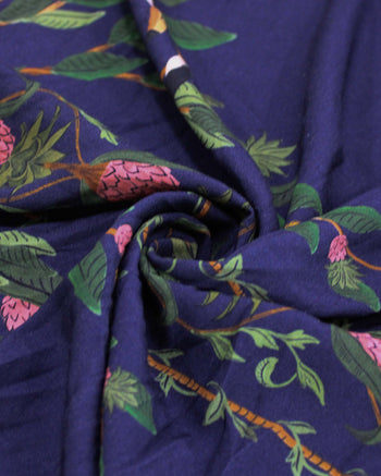 Tecido Viscose Premium Barrado Estampa Lenço Flora e Fauna Colorido e Azul Marinho Noite