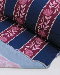 Tecido Viscose Premium Ramos Florais em Listras Tons de Roxo e Azul Petróleo