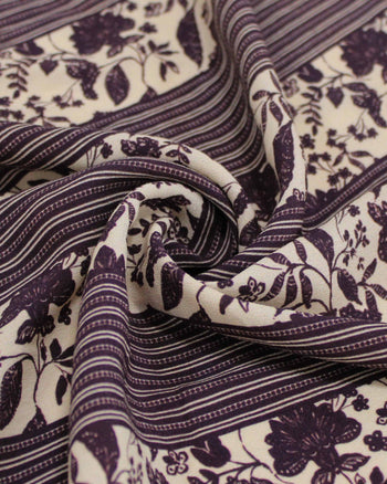 Tecido Crepe de Viscose Premium Listras Estampadas Roxo Imperial e Creme
