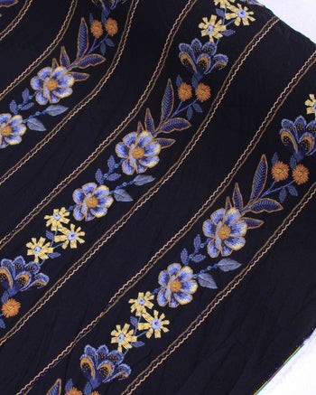 Tecido Viscose Premium Multi Listras Florais Tons de Azul, Amarelo e Preto