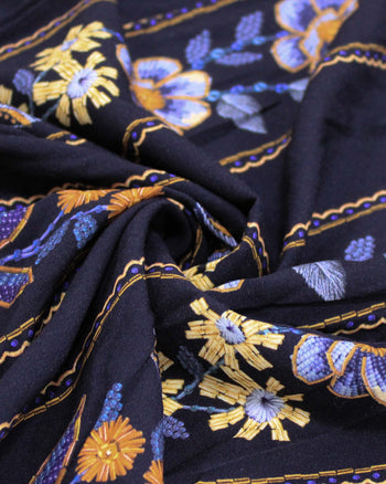 Tecido Viscose Premium Multi Listras Florais Tons de Azul, Amarelo e Preto