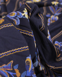 Tecido Viscose Premium Multi Listras Florais Tons de Azul, Amarelo e Preto