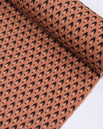 Tecido Viscose Texturizada Micro Estampa Étnica Bege, Preto e Marrom Claro