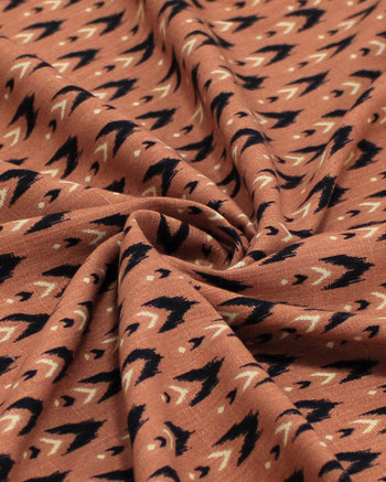 Tecido Viscose Texturizada Micro Estampa Étnica Bege, Preto e Marrom Claro
