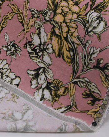 Tecido Linho Misto Estampado Ramos Florais Branco, Dourado e Rosé