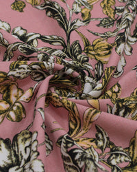 Tecido Linho Misto Estampado Ramos Florais Branco, Dourado e Rosé