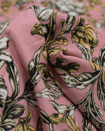 Tecido Linho Misto Estampado Ramos Florais Branco, Dourado e Rosé