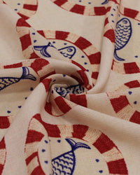 Tecido Viscose Premium Sardine em Círculos Azul, Vermelho e Bege