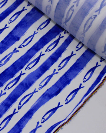 Tecido Viscose Premium Sardines em Listras Irregulares Branco e Azul