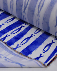 Tecido Viscose Premium Sardines em Listras Irregulares Branco e Azul