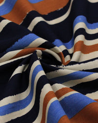 Tecido Viscose Texturizada Multi Listras Bege, Caramelo e Tons de Azul