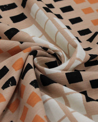 Tecido Viscose Texturizada Listras Geométricas Preto, Laranja e Nude