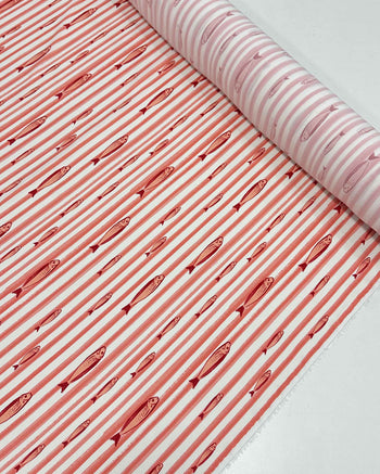 Tecido Viscose Premium Sardine em Listras Coral e Branco
