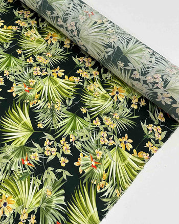 Tecido Viscose Acetinada Macro Folhagens Verde e Preto