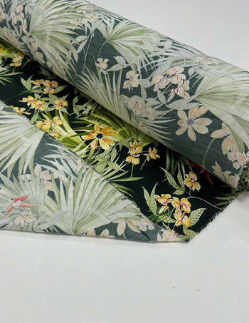 Tecido Viscose Acetinada Macro Folhagens Verde e Preto