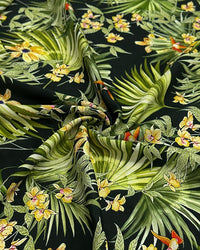 Tecido Viscose Acetinada Macro Folhagens Verde e Preto