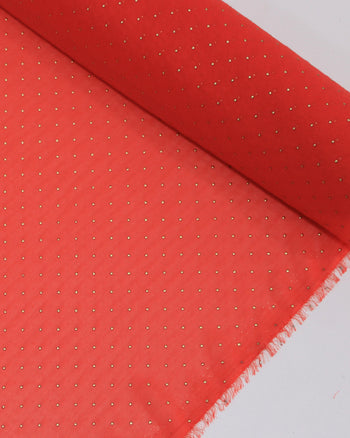 Tecido Crepe Chiffon Micro Poá Metalizado Dourado e Vermelho