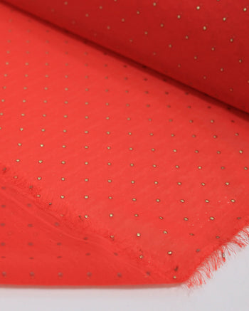Tecido Crepe Chiffon Micro Poá Metalizado Dourado e Vermelho