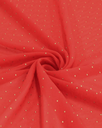 Tecido Crepe Chiffon Micro Poá Metalizado Dourado e Vermelho