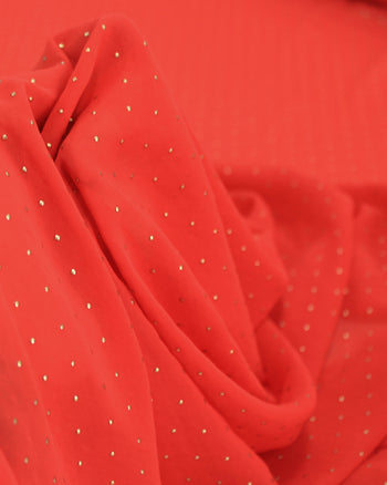 Tecido Crepe Chiffon Micro Poá Metalizado Dourado e Vermelho