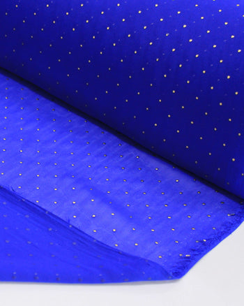 Tecido Crepe Chiffon Micro Poá Metalizado Dourado e Azul Royal