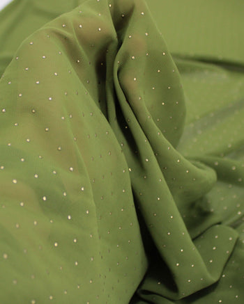 Tecido Crepe Chiffon Micro Poá Metalizado Dourado e Verde Oliva