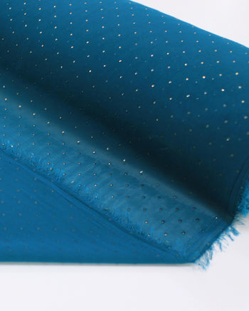 Tecido Crepe Chiffon Micro Poá Metalizado Dourado e Verde Azulado