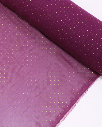 Tecido Crepe Chiffon Micro Poá Metalizado Dourado e Roxo