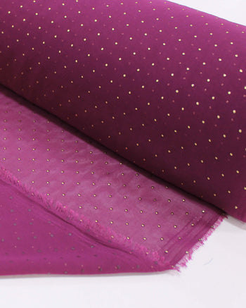 Tecido Crepe Chiffon Micro Poá Metalizado Dourado e Roxo