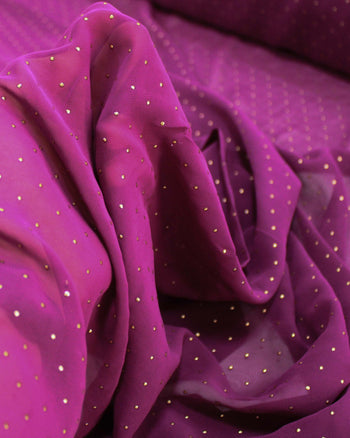 Tecido Crepe Chiffon Micro Poá Metalizado Dourado e Roxo