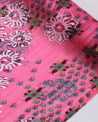 Tecido Crepe Chiffon Brocado Ramos e Flores Colorido e Tons de Rosa
