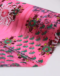 Tecido Crepe Chiffon Brocado Ramos e Flores Colorido e Tons de Rosa