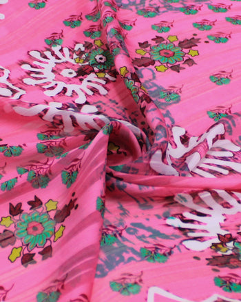 Tecido Crepe Chiffon Brocado Ramos e Flores Colorido e Tons de Rosa