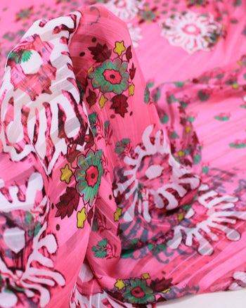 Tecido Crepe Chiffon Brocado Ramos e Flores Colorido e Tons de Rosa
