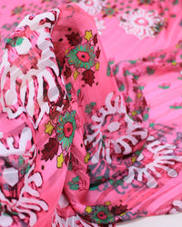 Tecido Crepe Chiffon Brocado Ramos e Flores Colorido e Tons de Rosa