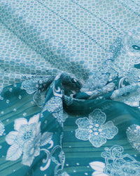 Tecido Crepe Chiffon Brocado Barrado Duplo Floral e Geométrico Branco e Verde Tiffany