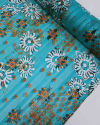 Tecido Crepe Chiffon Brocado Ramos e Flores Colorido e Verde Tiffany