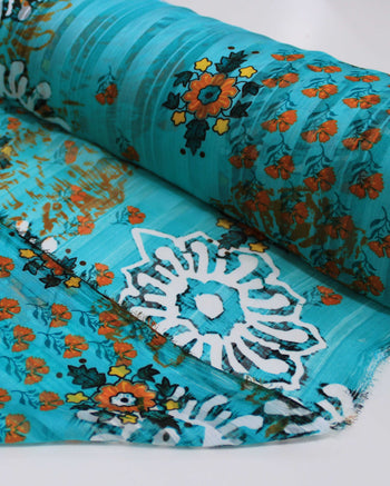 Tecido Crepe Chiffon Brocado Ramos e Flores Colorido e Verde Tiffany