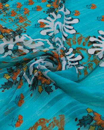 Tecido Crepe Chiffon Brocado Ramos e Flores Colorido e Verde Tiffany