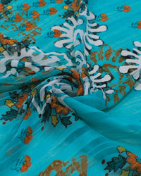 Tecido Crepe Chiffon Brocado Ramos e Flores Colorido e Verde Tiffany