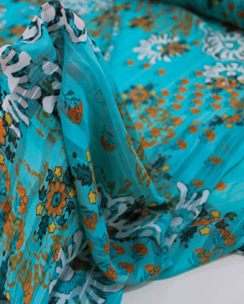 Tecido Crepe Chiffon Brocado Ramos e Flores Colorido e Verde Tiffany